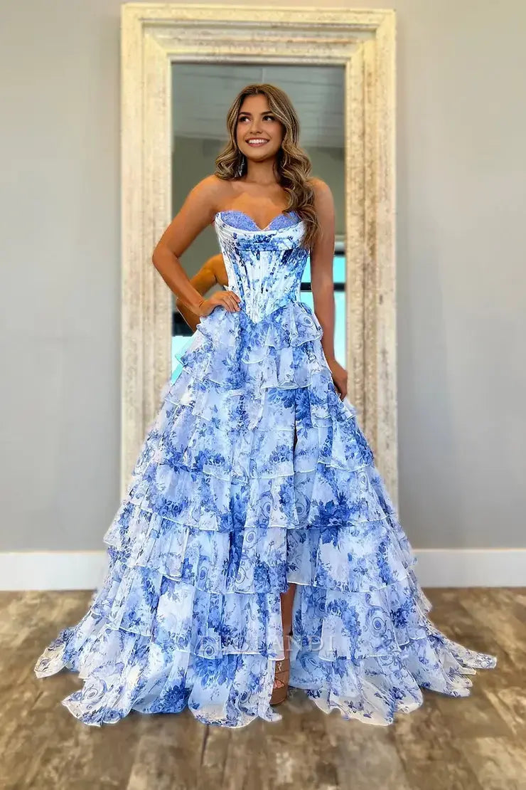 Luolandi Gorgeous Blue A Line Sweetheart Strapless Sleeveless Tiered Long Prom Dress With Slit Sexy Graduation Dress Charming Party Evening Gowns