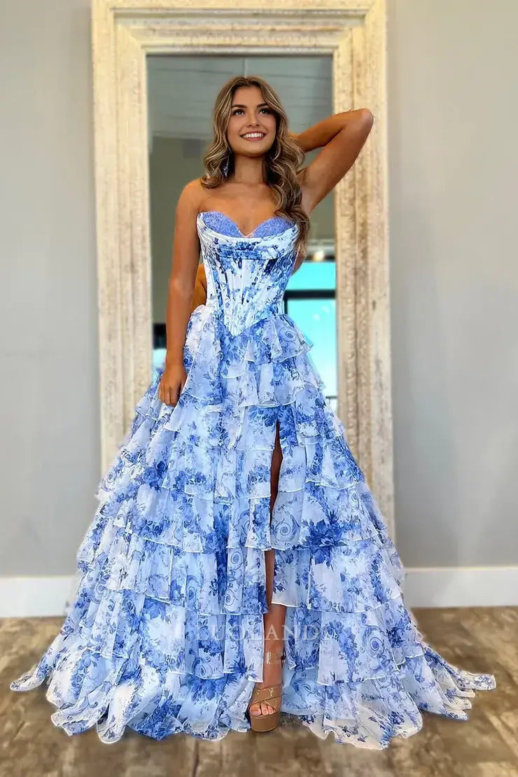 Luolandi Gorgeous Blue A Line Sweetheart Strapless Sleeveless Tiered Long Prom Dress With Slit Sexy Graduation Dress Charming Party Evening Gowns