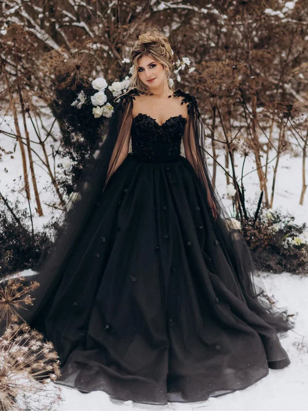 Luolandi A-Line Black Gothic Wedding Dress 3D Flowers Tulle With Cape Evening Dress