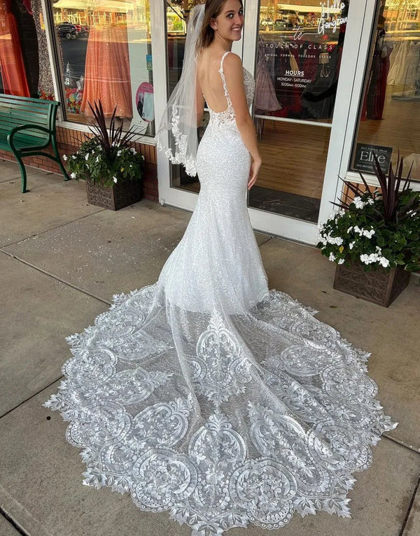 Luolandi Gorgeous Mermaid Chapel Train Open Back Wedding Dress With Sequin Beautiful