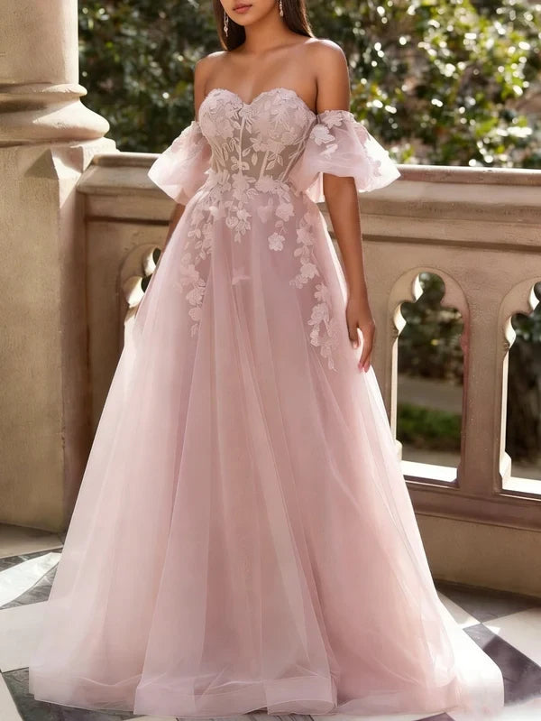 Gorgeous A-Line Off Shoulder Sweetheart Puffy Short Sleeve Applique Tulle Prom Gown Women Dress