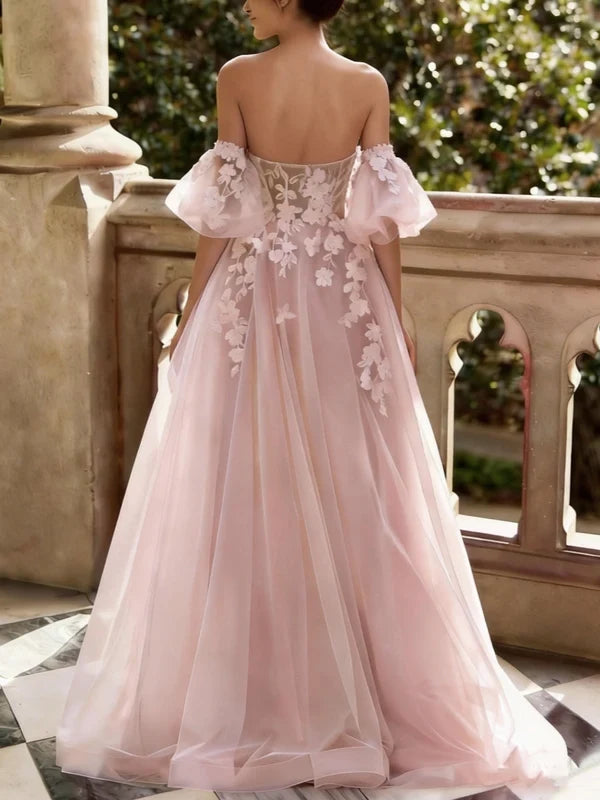 Gorgeous A-Line Off Shoulder Sweetheart Puffy Short Sleeve Applique Tulle Prom Gown Women Dress