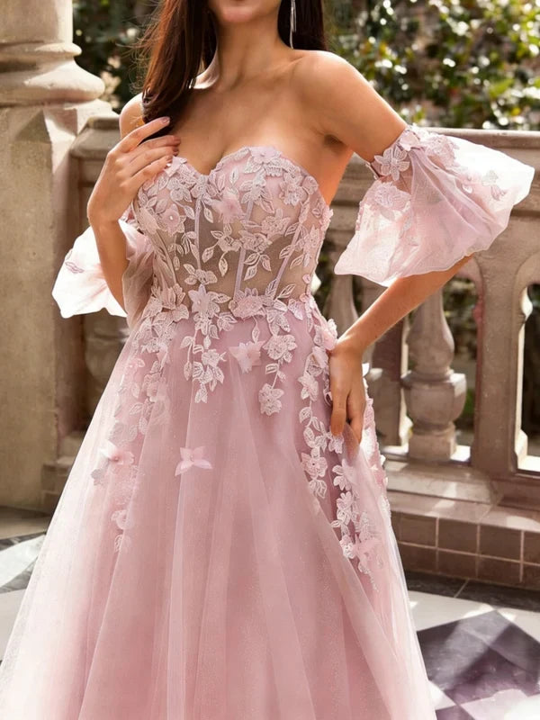 Gorgeous A-Line Off Shoulder Sweetheart Puffy Short Sleeve Applique Tulle Prom Gown Women Dress