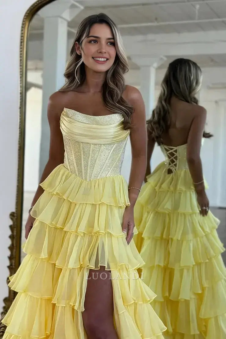 Luolandi Gorgeous Light Blue A-Line Strapless Tiered Long Formal Prom Dresses with Slit Elegant Party Evening Gowns Charming Graduation Dress