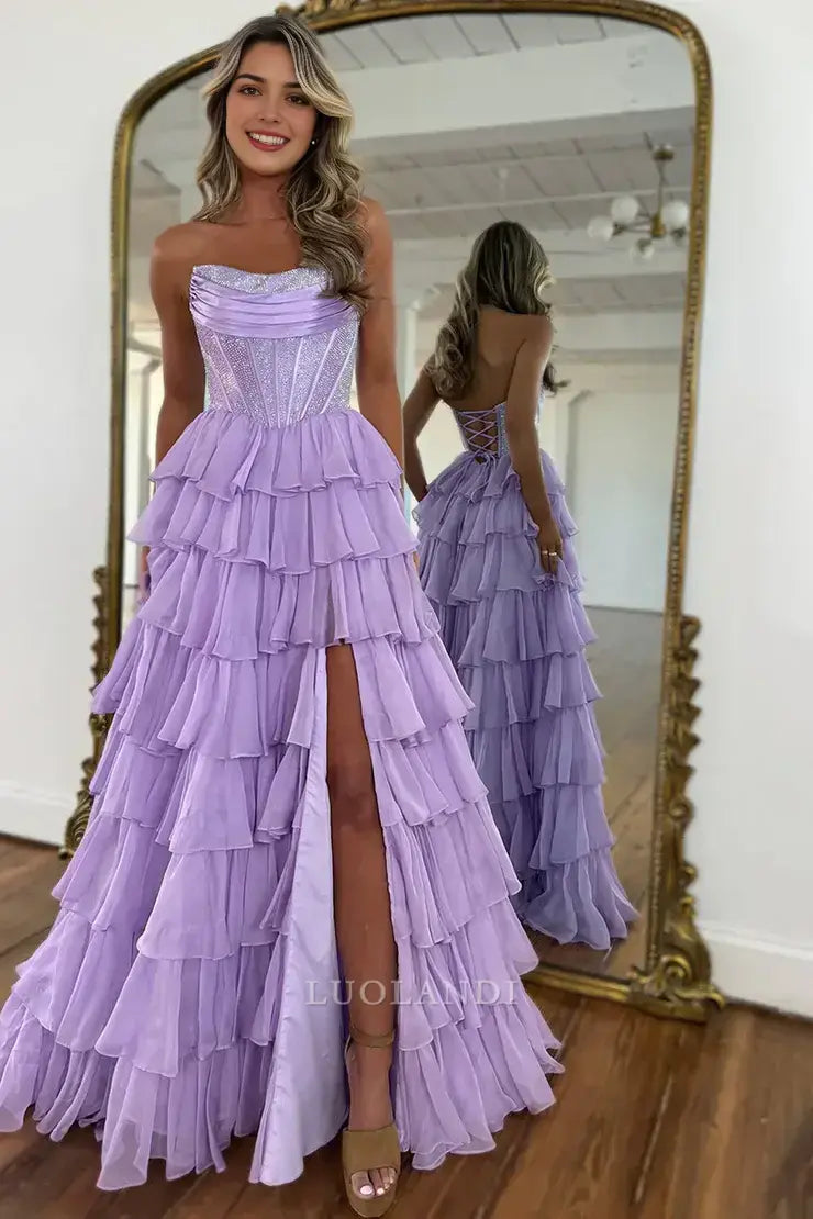 Luolandi Gorgeous Light Blue A-Line Strapless Tiered Long Formal Prom Dresses with Slit Elegant Party Evening Gowns Charming Graduation Dress