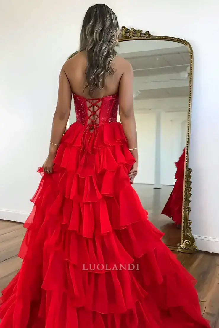 Luolandi Gorgeous Light Blue A-Line Strapless Tiered Long Formal Prom Dresses with Slit Elegant Party Evening Gowns Charming Graduation Dress