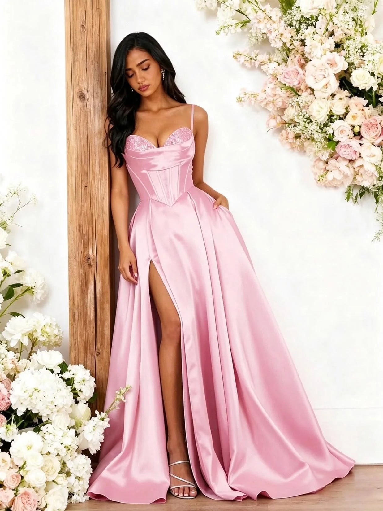 Gorgeous A-Line Sweetheart Neck Sleeveless Satin Long Prom Dress Women Evening Gown With Slit
