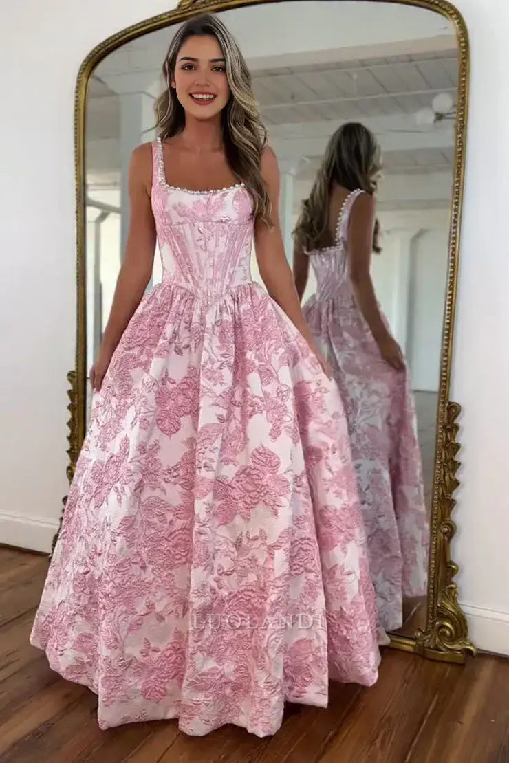 Luolandi Gorgeous A Line Square Neck Sleeveless Long Formal Prom Dresses Elegant Party Evening Gowns Charming Graduation Dress