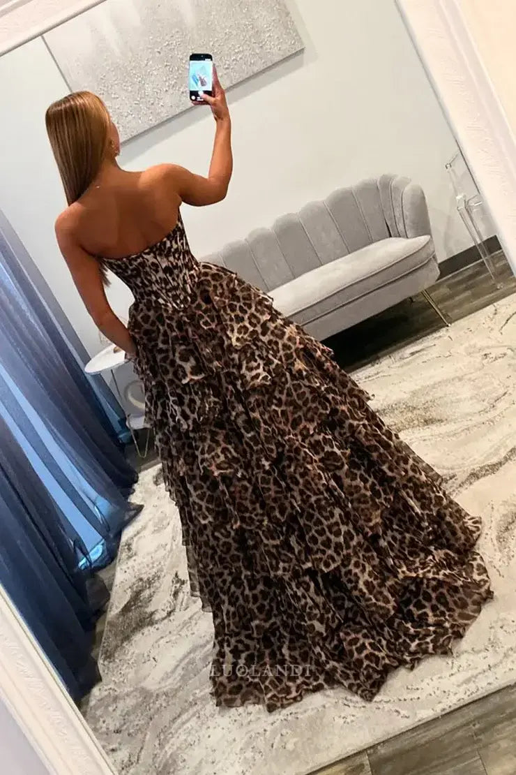 Luolandi Gorgeous A Line Sweetheart Strapless Leopard Tiered Long Prom Dress With Slit Elegant Evening Gowns Charming Wedding Guest Party Dress