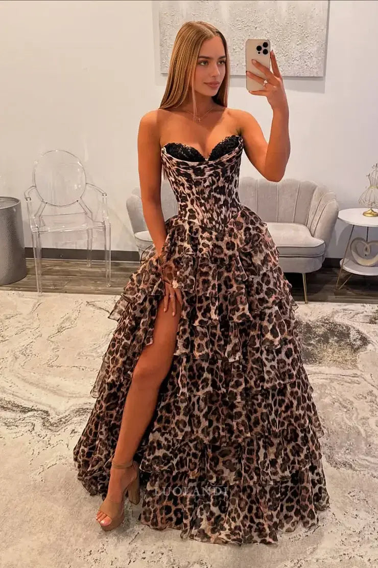 Luolandi Gorgeous A Line Sweetheart Strapless Leopard Tiered Long Prom Dress With Slit Elegant Evening Gowns Charming Wedding Guest Party Dress