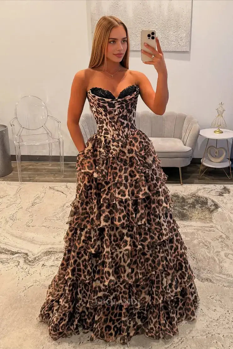 Luolandi Gorgeous A Line Sweetheart Strapless Leopard Tiered Long Prom Dress With Slit Elegant Evening Gowns Charming Wedding Guest Party Dress