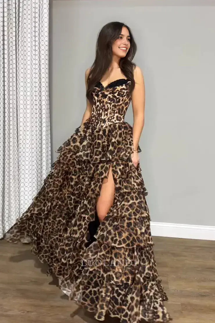 Luolandi Gorgeous A Line Leopard Sweetheart Strapless Tiered Long Prom Dress With Slit Charming Party Evening Gowns Sexy Graduation Dress