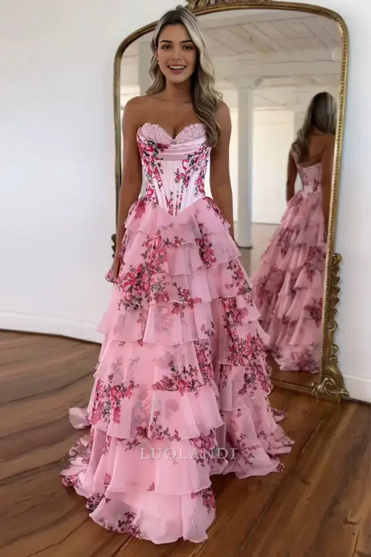 Luolandi Gorgeous A Line Sweetheart Strapless Sleeveless Tiered Long Prom Dress With Slit Charming Party Evening Gowns Sexy Graduation Dress