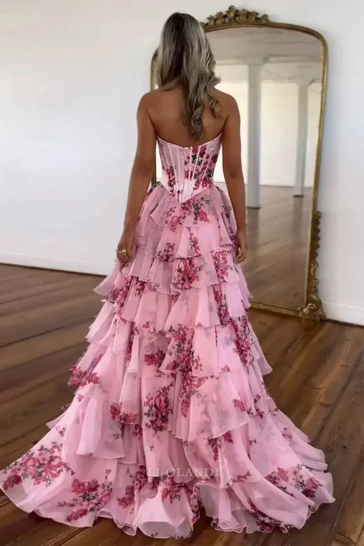 Luolandi Gorgeous A Line Sweetheart Strapless Sleeveless Tiered Long Prom Dress With Slit Charming Party Evening Gowns Sexy Graduation Dress