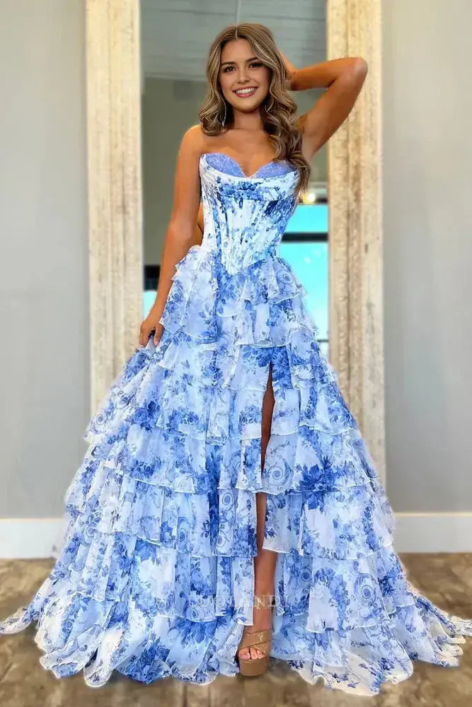 Luolandi Gorgeous A Line Sweetheart Strapless Sleeveless Tiered Long Prom Dress With Slit Charming Party Evening Gowns Sexy Graduation Dress