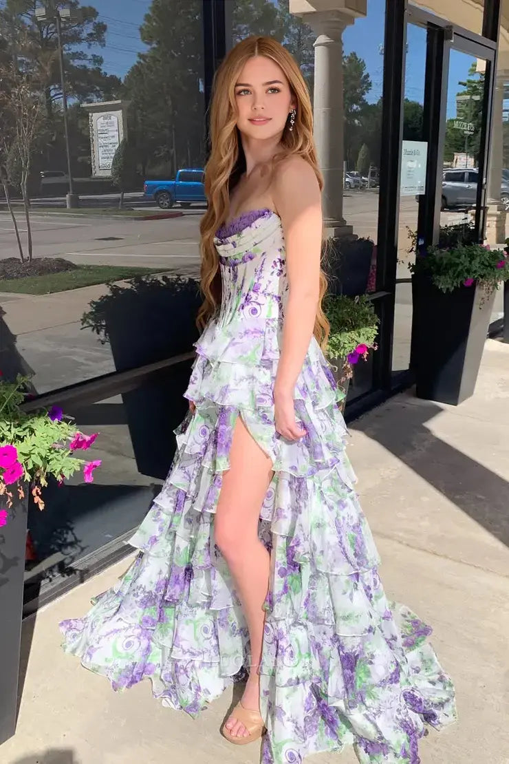 Luolandi Gorgeous A Line Sweetheart Strapless Sleeveless Tiered Long Prom Dress With Slit Charming Party Evening Gowns Sexy Graduation Dress