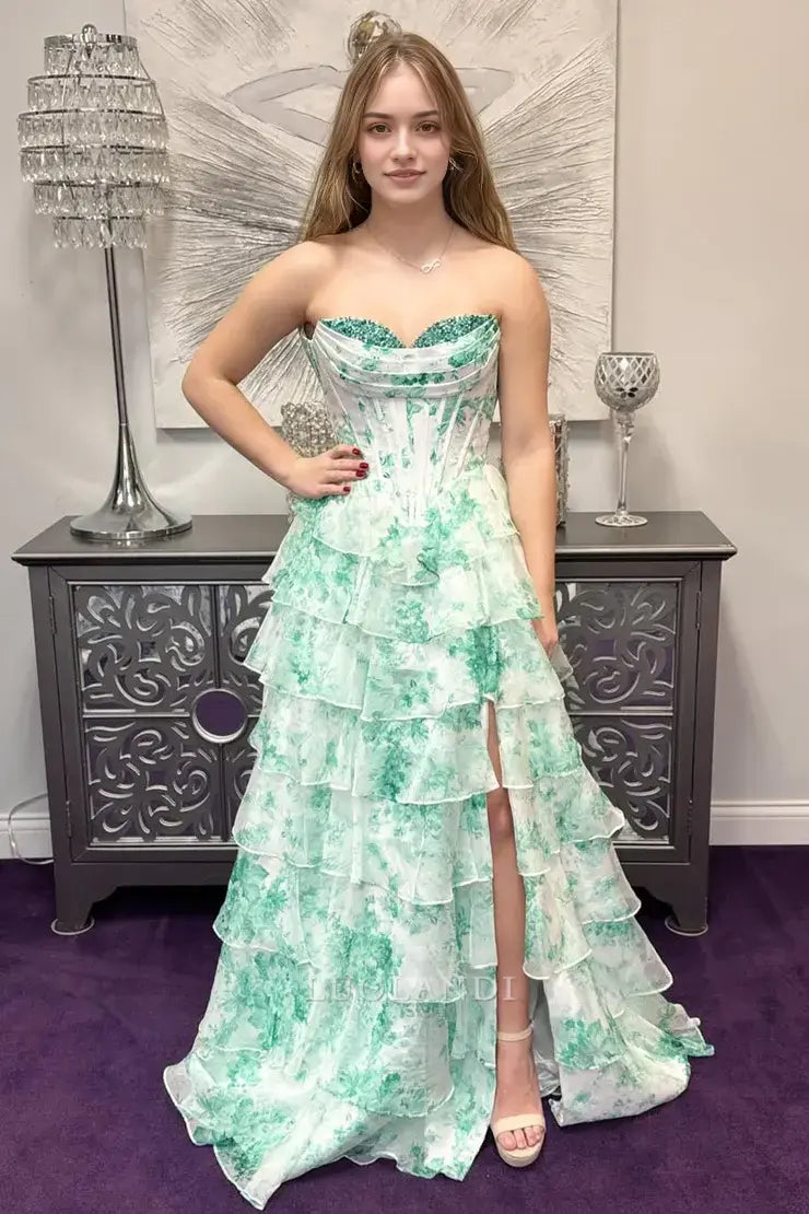 Luolandi Gorgeous A Line Sweetheart Strapless Sleeveless Tiered Long Prom Dress With Slit Charming Party Evening Gowns Sexy Graduation Dress