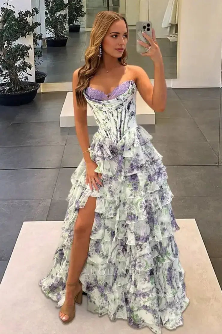 Luolandi Gorgeous A Line Sweetheart Strapless Sleeveless Tiered Long Prom Dress With Slit Charming Party Evening Gowns Sexy Graduation Dress