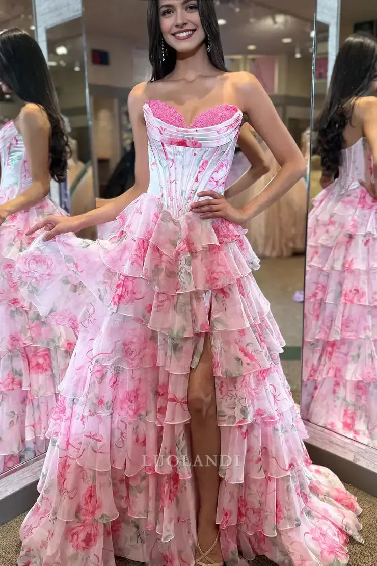 Luolandi Gorgeous A Line Sweetheart Strapless Sleeveless Tiered Long Prom Dress With Slit Sexy Graduation Dress Charming Party Evening Gowns