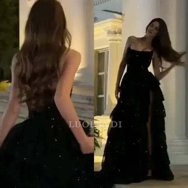 Luolandi Gorgeous Black A Line Strapless Long Formal Prom Dress With Slit Sparkly Evening Party Gown Charming Graduation Dress