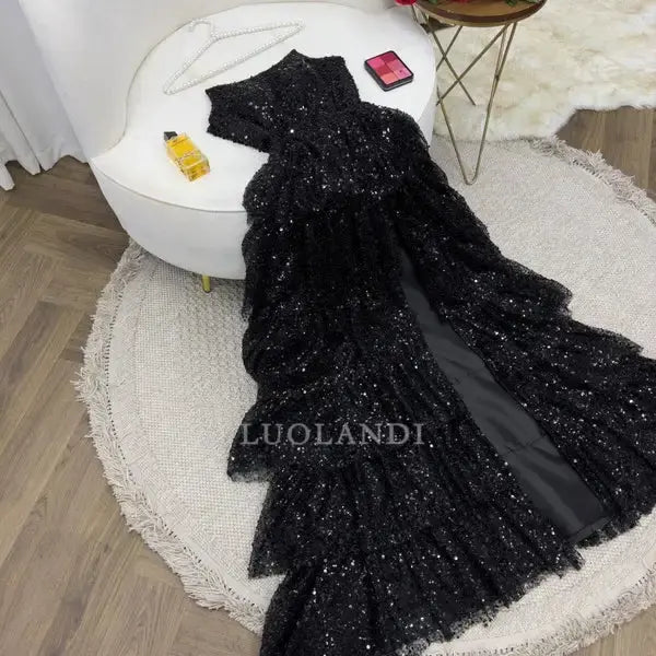 Luolandi Gorgeous Black A Line Strapless Long Formal Prom Dress With Slit Sparkly Evening Party Gown Charming Graduation Dress