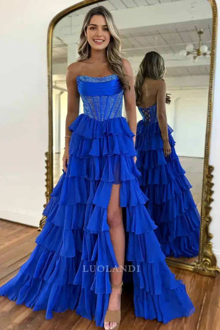 Luolandi Gorgeous Light Blue A-Line Strapless Tiered Long Formal Prom Dresses with Slit Elegant Party Evening Gowns Charming Graduation Dress