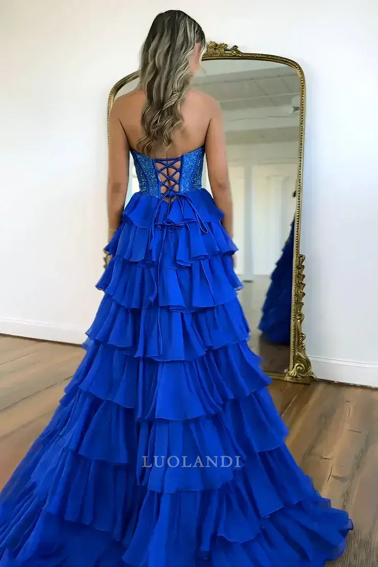 Luolandi Gorgeous Light Blue A-Line Strapless Tiered Long Formal Prom Dresses with Slit Elegant Party Evening Gowns Charming Graduation Dress