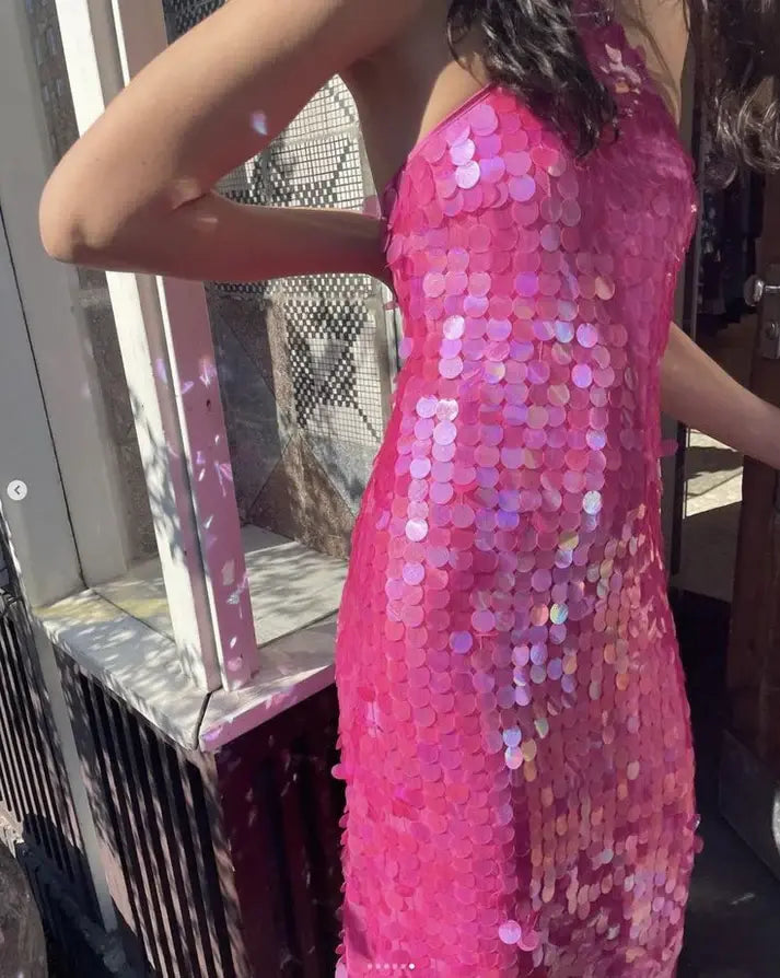 Luolandi Gorgeous Halter Backless Sleeveless Sequined Evening Party Dress Sparkly Long Formal Prom Dress