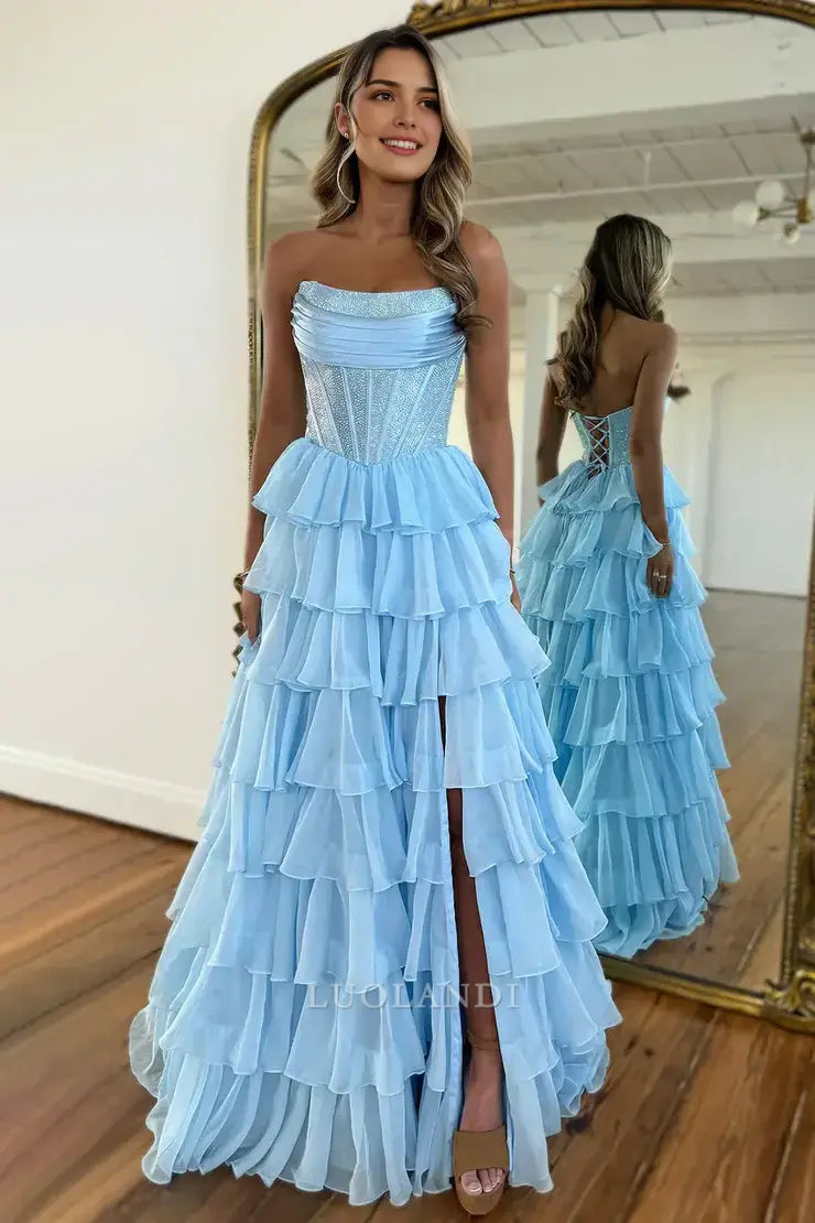 Luolandi Gorgeous Light Blue A-Line Strapless Tiered Long Formal Prom Dresses with Slit Elegant Party Evening Gowns Charming Graduation Dress