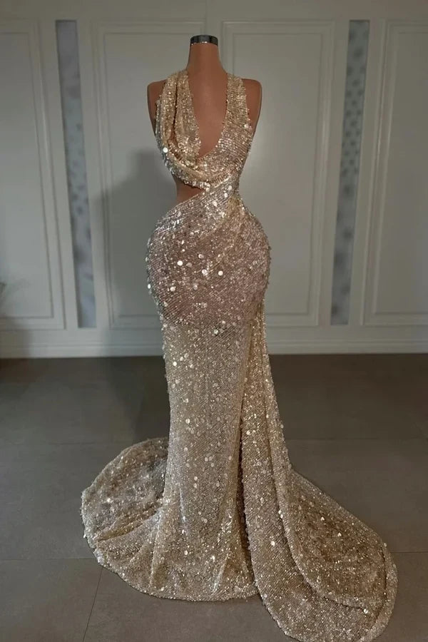 Gorgeous Mermaid Cowl Neck Sleeveless Cutout Sequin Long Prom Dress For Women