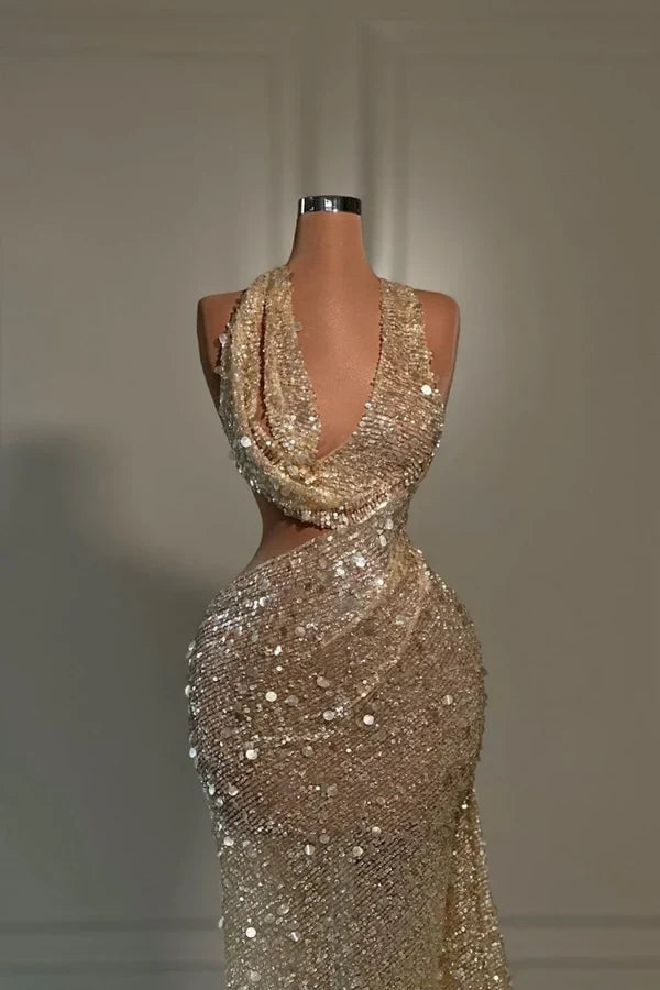 Gorgeous Mermaid Cowl Neck Sleeveless Cutout Sequin Long Prom Dress For Women