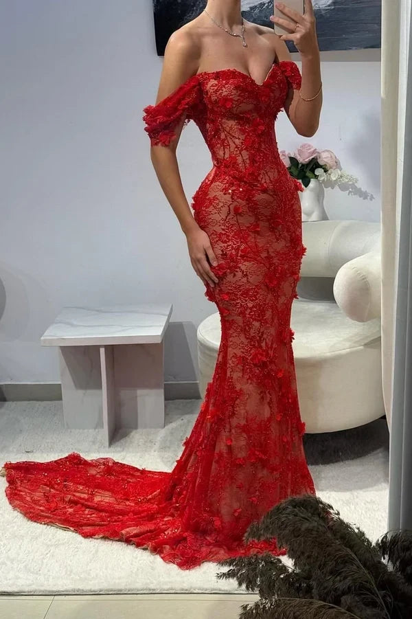 Gorgeous Mermaid Off-Shoulder Sweetheart Applique Lace Women's Prom Dress