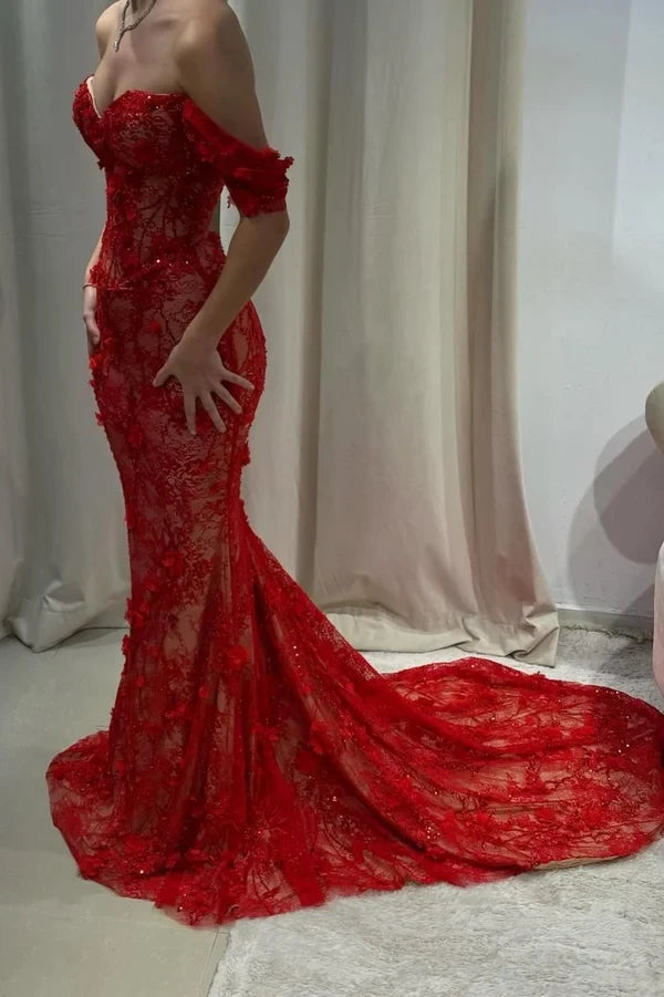 Gorgeous Mermaid Off-Shoulder Sweetheart Applique Lace Women's Prom Dress