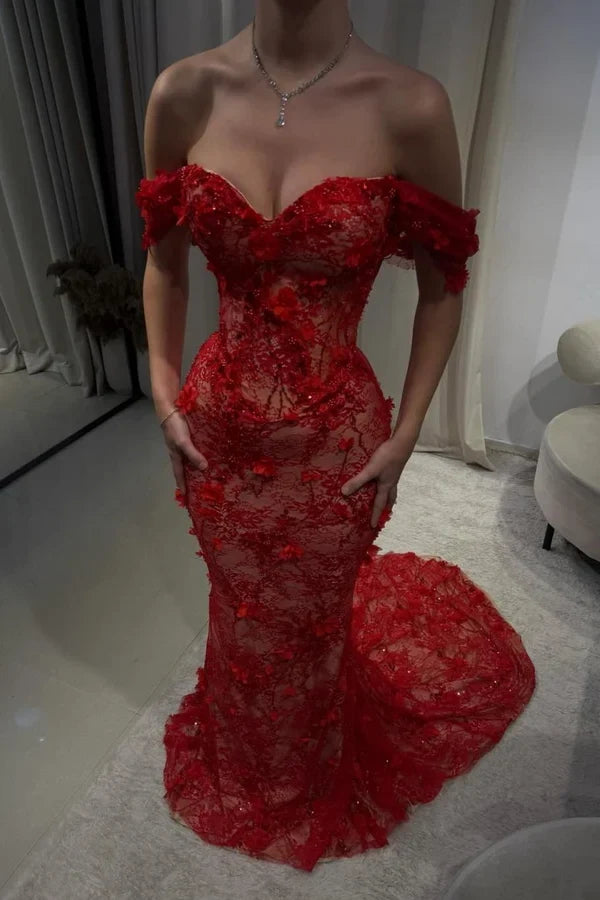 Gorgeous Mermaid Off-Shoulder Sweetheart Applique Lace Women's Prom Dress