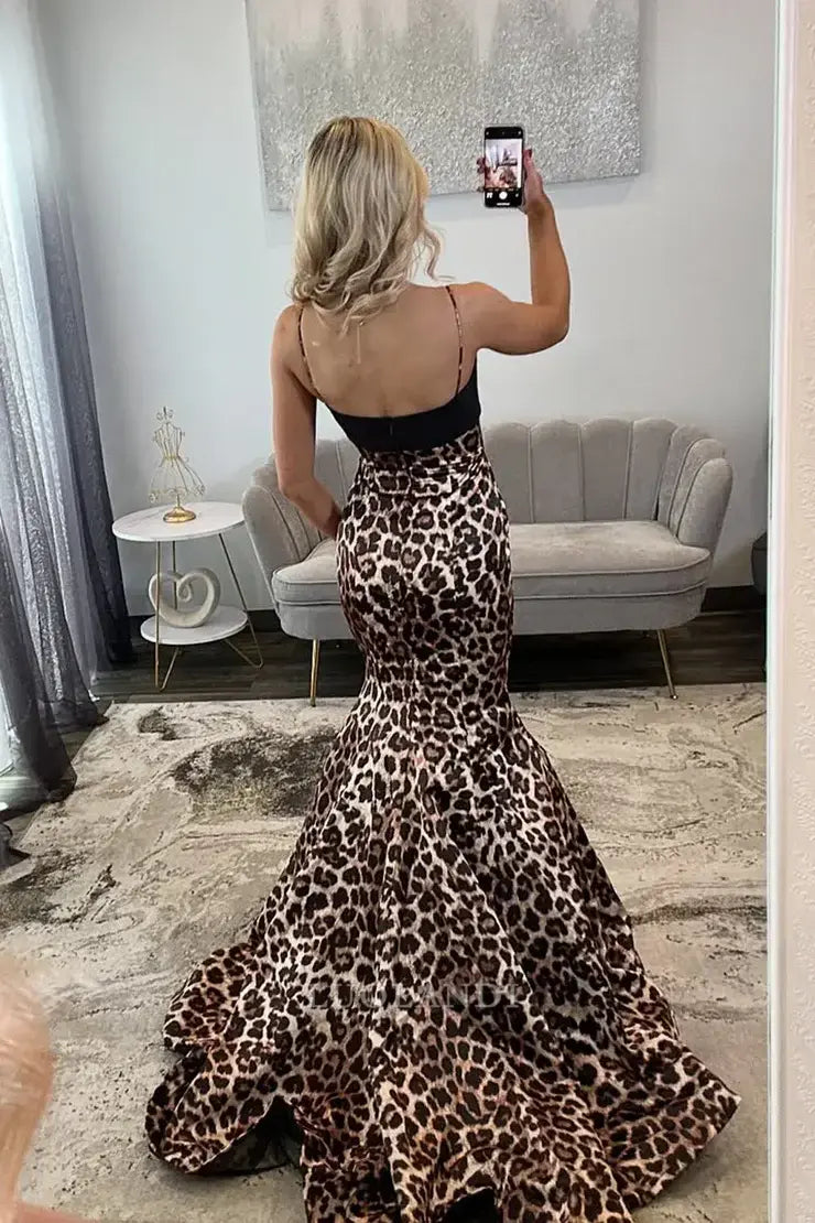 Luolandi Gorgeous Mermaid Spaghetti Straps Sleeveless Leopard Long Prom Dress with Bow Sexy Wedding Guest Party Dress Charming Evening Gowns