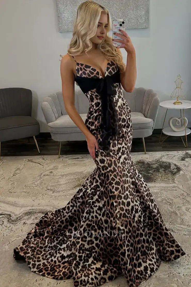 Luolandi Gorgeous Mermaid Spaghetti Straps Sleeveless Leopard Long Prom Dress with Bow Sexy Wedding Guest Party Dress Charming Evening Gowns