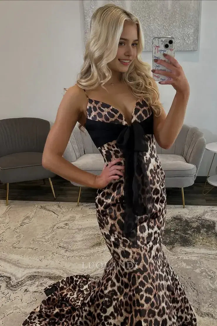 Luolandi Gorgeous Mermaid Spaghetti Straps Sleeveless Leopard Long Prom Dress with Bow Sexy Wedding Guest Party Dress Charming Evening Gowns