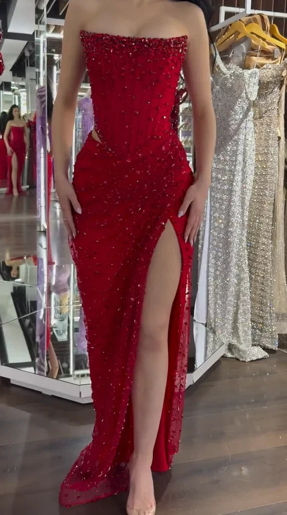 Gorgeous Mermaid Strapless Sleeveless Beaded Long Prom Dress For Women