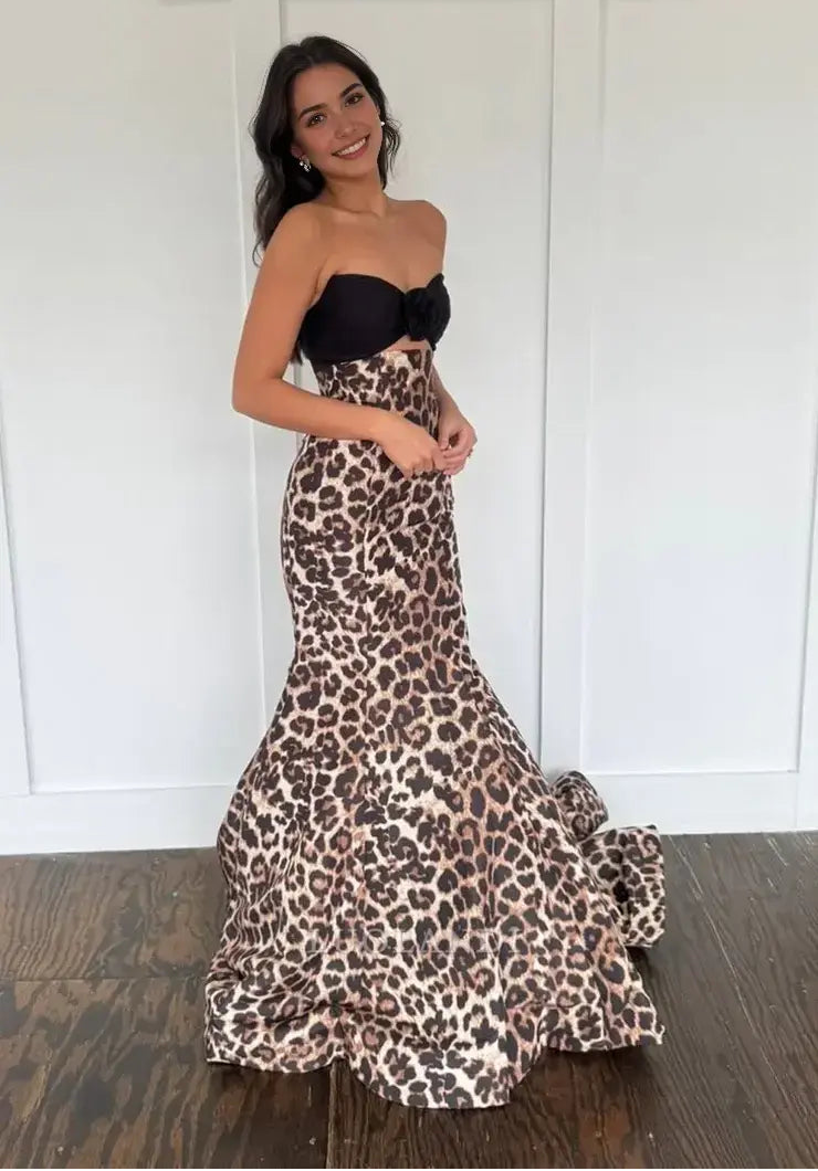 Luolandi Gorgeous Mermaid Strapless Sleeveless Leopard Long Prom Dress Sexy Wedding Guest Party Dress Charming Evening Gowns
