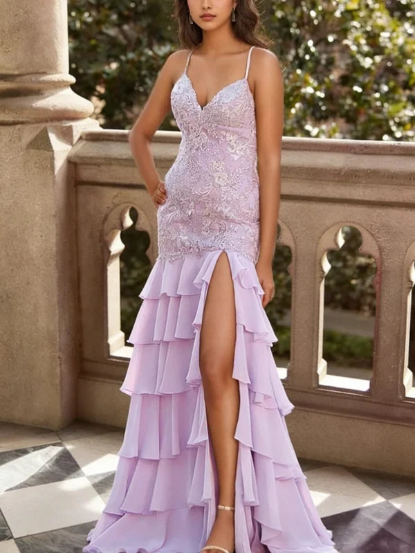 Gorgeous Mermaid V-Neck Sleeveless Tiered Slit Lace Chiffon Prom Gown for Women