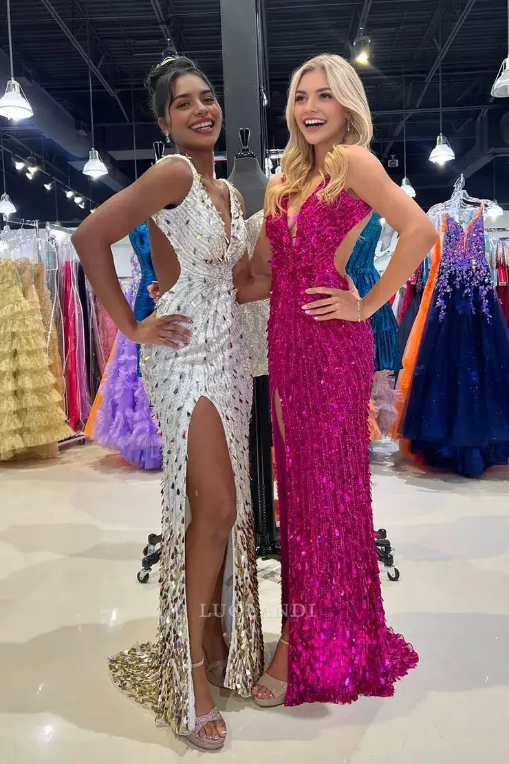 Luolandi Gorgeous Mermaid V Neck Sequins Long Prom Dresses with Slit Sparkly Party Evening Gowns Charming Graduation Dress