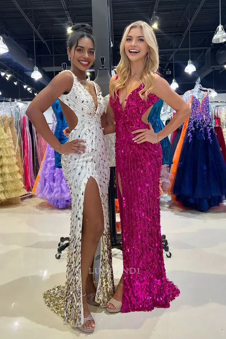 Luolandi Gorgeous Mermaid V Neck Sequins Long Prom Dresses with Slit Sparkly Party Evening Gowns Charming Graduation Dress