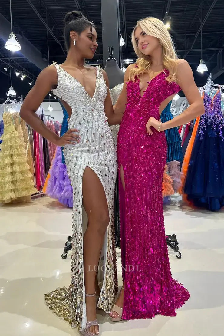 Luolandi Gorgeous Mermaid V Neck Sequins Long Prom Dresses with Slit Sparkly Party Evening Gowns Charming Graduation Dress