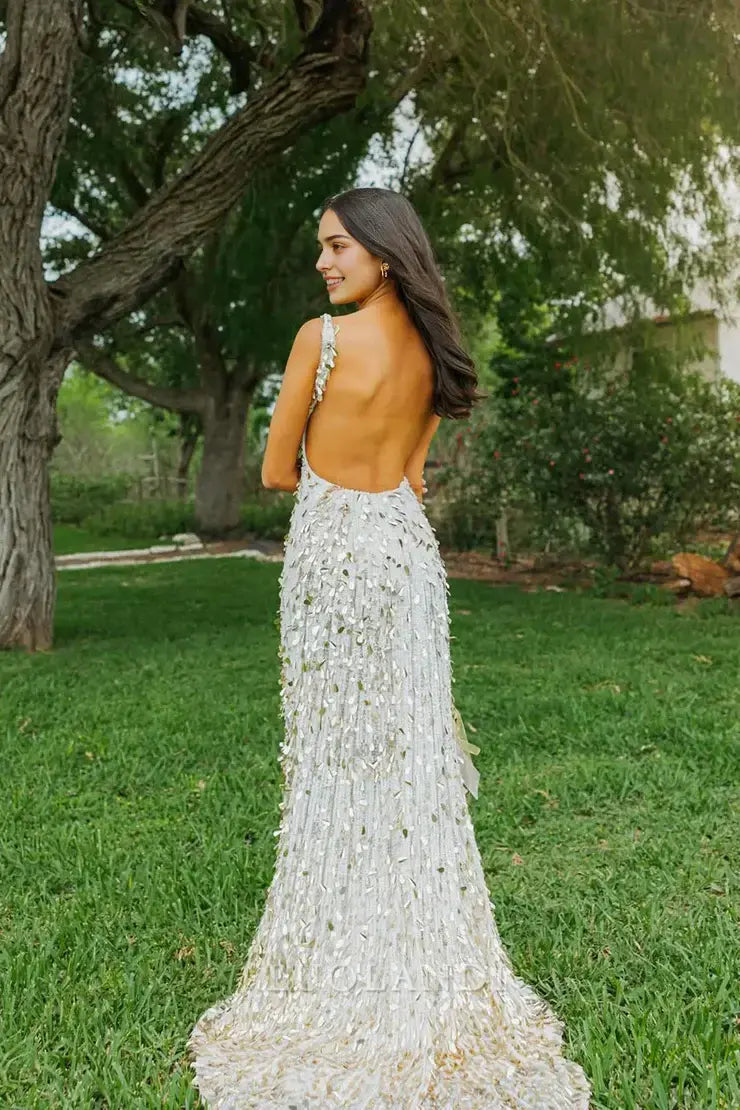 Luolandi Gorgeous Mermaid V Neck Sequins Long Prom Dresses with Slit Charming Graduation Dress Sparkly Party Evening Gowns