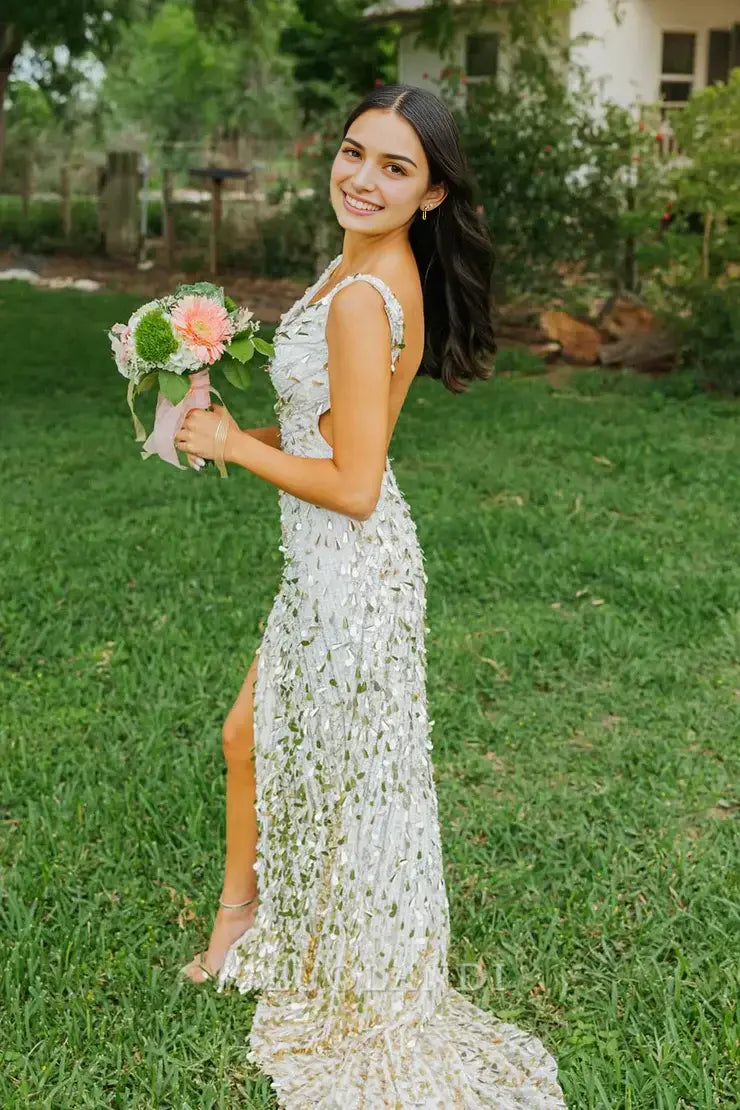 Luolandi Gorgeous Mermaid V Neck Sequins Long Prom Dresses with Slit Charming Graduation Dress Sparkly Party Evening Gowns