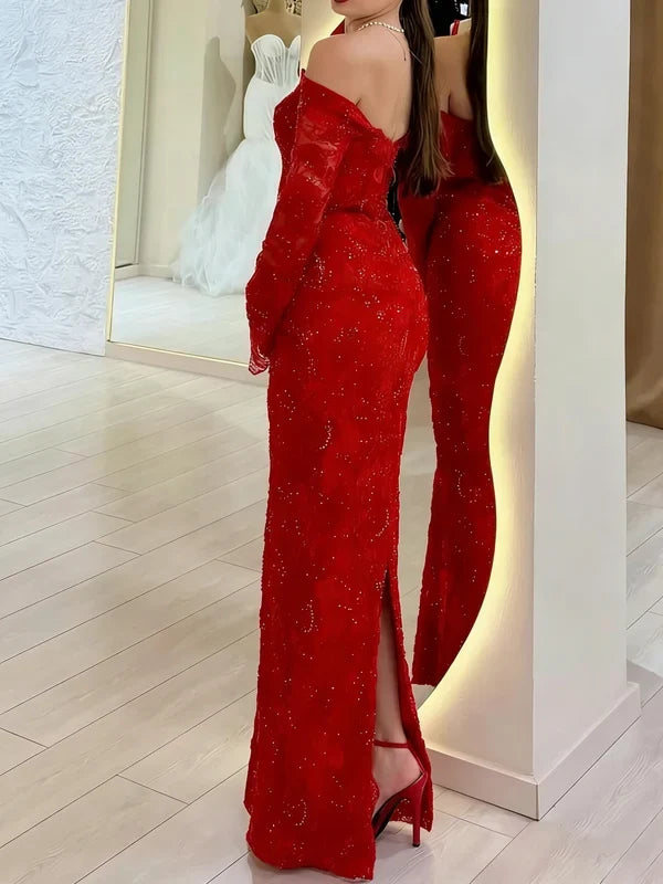 Gorgeous Sheath Off-Shoulder Sweetheart Long Sleeve Sequin Lace Formal Women's Prom Dress