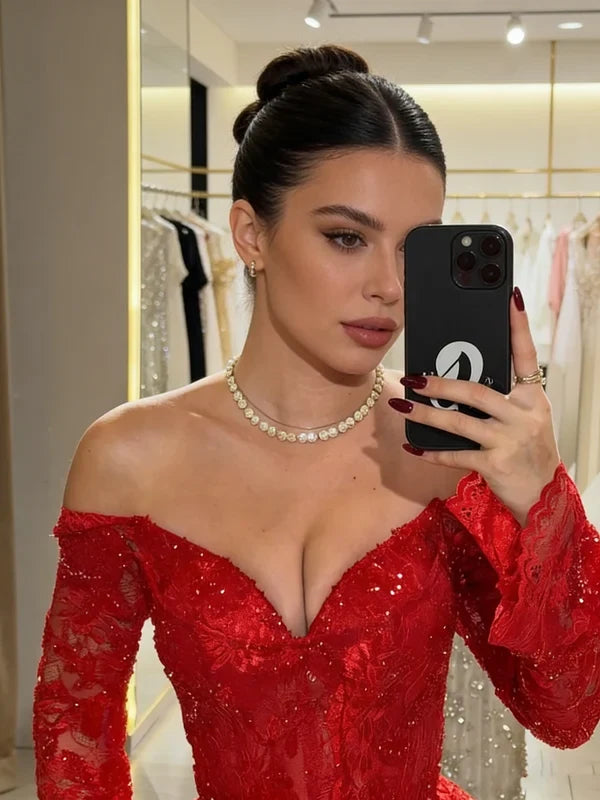 Gorgeous Sheath Off-Shoulder Sweetheart Long Sleeve Sequin Lace Formal Women's Prom Dress