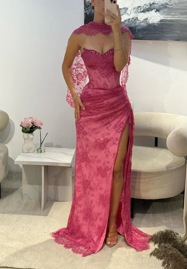 Gorgeous Sheath Sweetheart Beaded Lace Long Formal Prom Dress With Slit