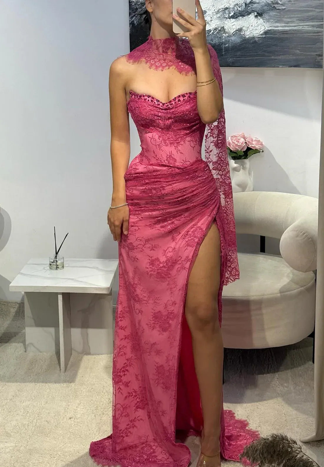 Gorgeous Sheath Sweetheart Beaded Lace Long Formal Prom Dress With Slit