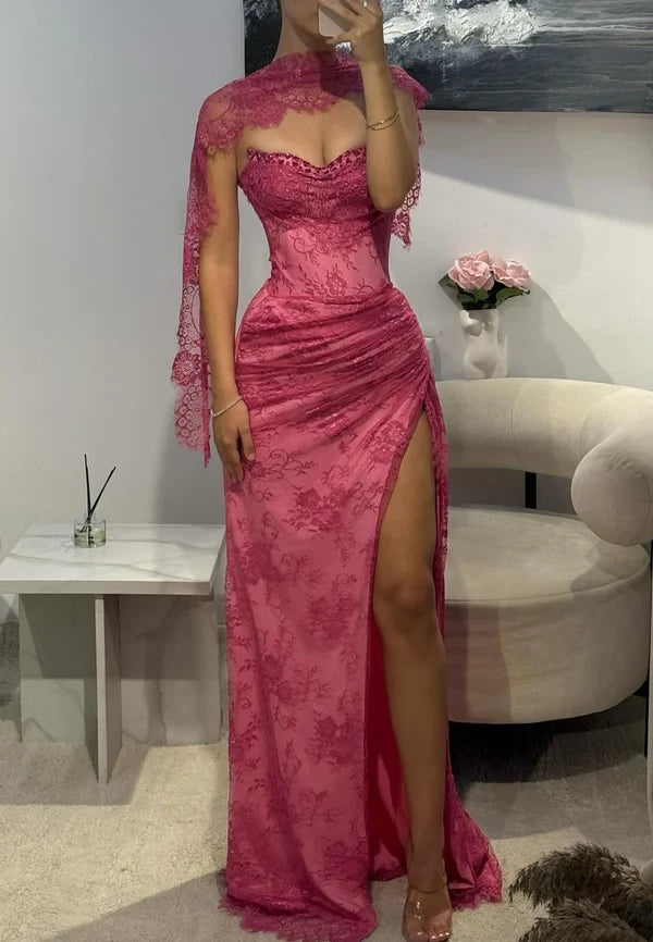 Gorgeous Sheath Sweetheart Beaded Lace Long Formal Prom Dress With Slit